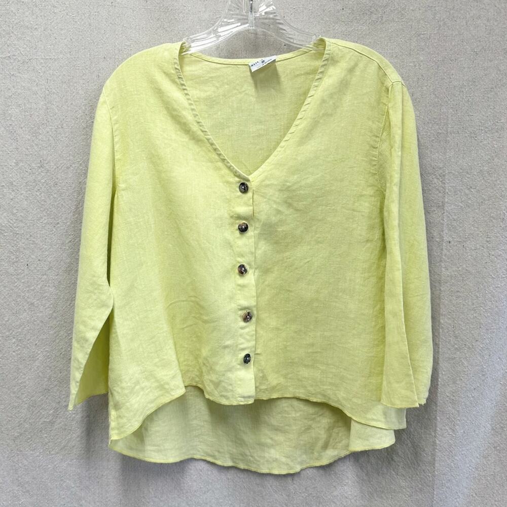 Click by Color Me Cotton 100% linen‎ yellow button up Lagenlook top Medium USA